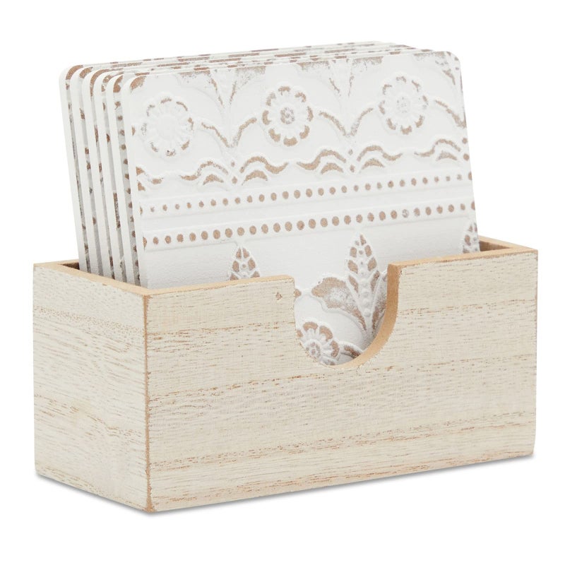 Juvale Wooden Coasters Set of 6-3.8 in, White, Square, Farmhouse Style - Coaster Holder for Coffee Table & Bar Decor - Kitchen & Living Room Decor - Image 1
