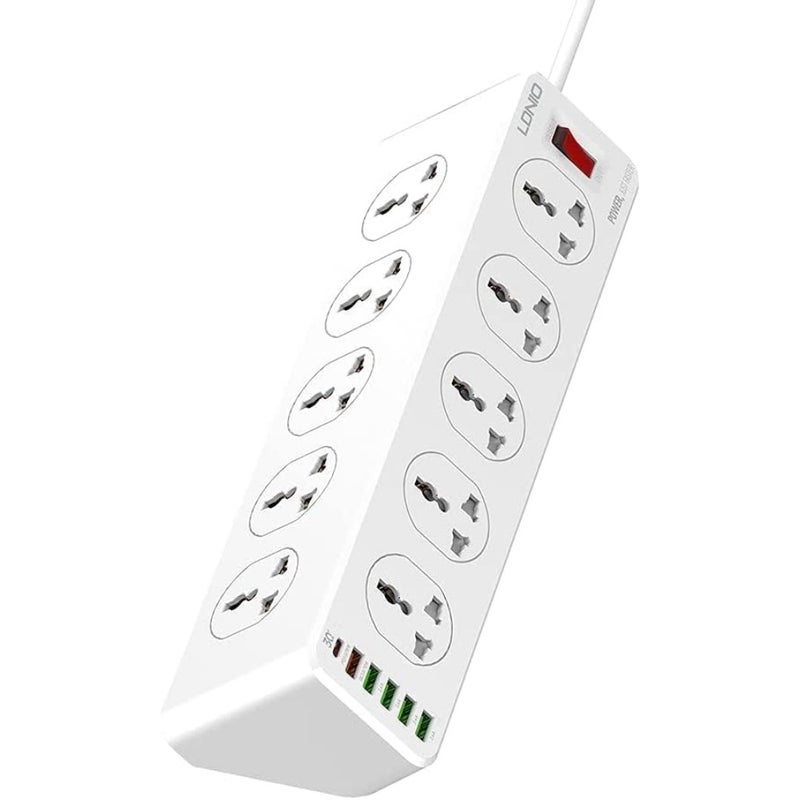قطاع الطاقة 10 منافذ و6 منافذ USB 32 وات PD حامي زيادة الشحن السريع 2 متر سلك تمديد عالي التحمل في الإمارات العربية المتحدة متوافق مع الاتحاد الأوروبي والمملكة المتحدة وقابس الولايات المتحدة ولوحة الطاقة للمكتب المنزلي - Image 2