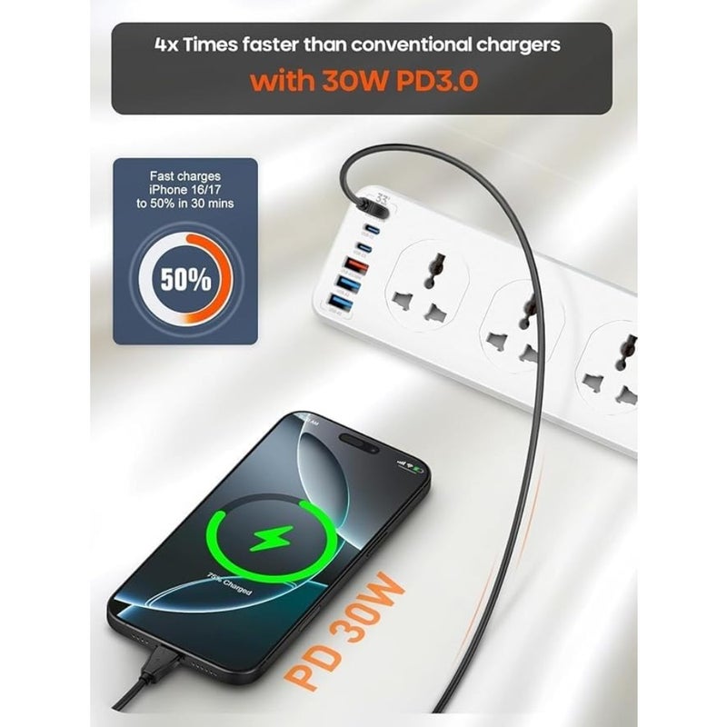 قطاع الطاقة 10 منافذ و6 منافذ USB 32 وات PD حامي زيادة الشحن السريع 2 متر سلك تمديد عالي التحمل في الإمارات العربية المتحدة متوافق مع الاتحاد الأوروبي والمملكة المتحدة وقابس الولايات المتحدة ولوحة الطاقة للمكتب المنزلي - Image 5