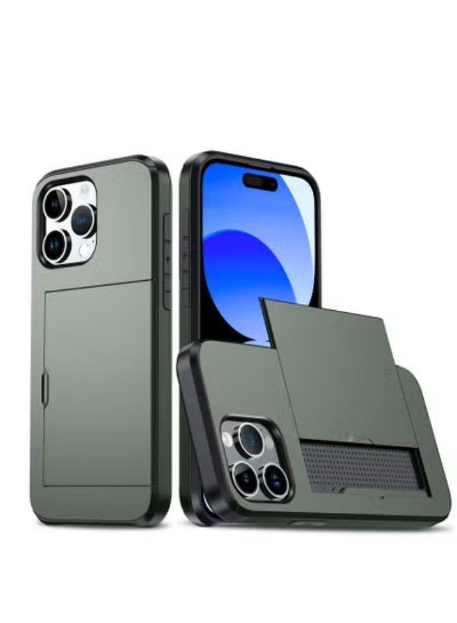 GULFLINK iPhone 15 Pro Case with Card Holder Heavy Duty Protective Dual Layer Shockproof Hidden Card Slot Wallet Case Green - Image 1