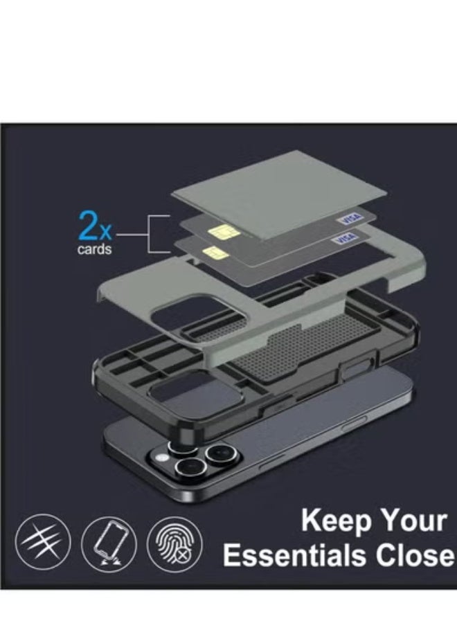 GULFLINK iPhone 15 Pro Case with Card Holder Heavy Duty Protective Dual Layer Shockproof Hidden Card Slot Wallet Case Green - Image 2