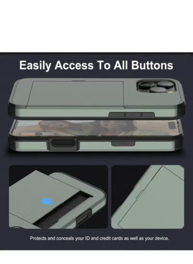 GULFLINK iPhone 15 Pro Case with Card Holder Heavy Duty Protective Dual Layer Shockproof Hidden Card Slot Wallet Case Green - Image 4