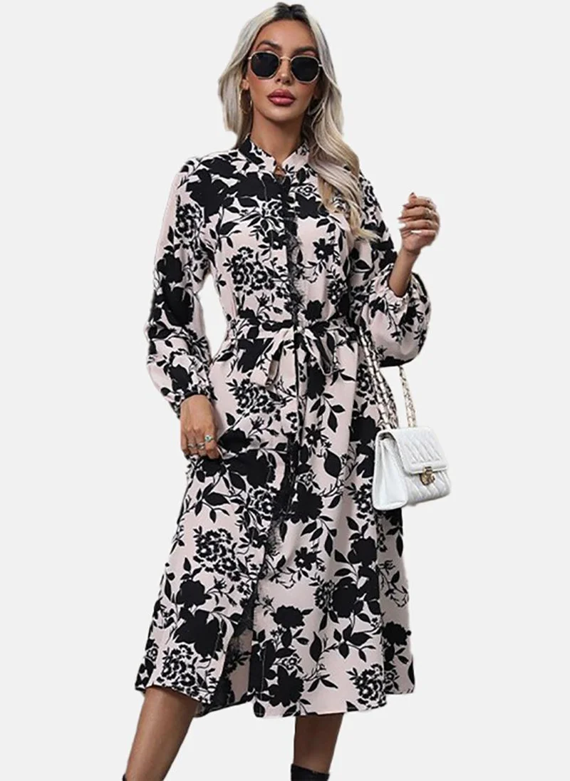 YUNIQEE Off White Flared Printed Collared Long Sleeve Dress