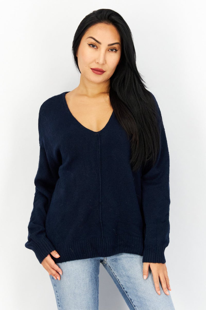 VINCE CAMUTO سويت شيرت نسائي بتصميم V، لون أزرق داكن - Image 1