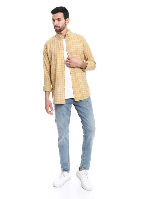 Windowpane Pattern Buttons Down Closure Shirt - Mustard & Beige