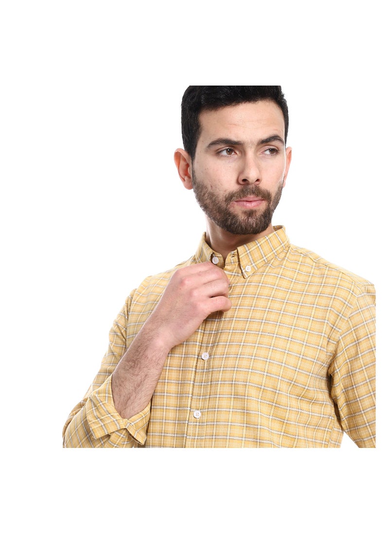 Windowpane Pattern Buttons Down Closure Shirt - Mustard & Beige