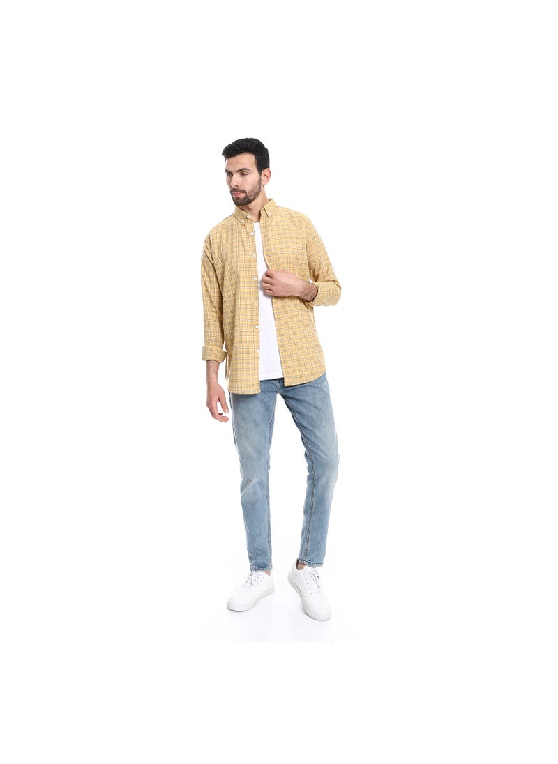 Windowpane Pattern Buttons Down Closure Shirt - Mustard & Beige