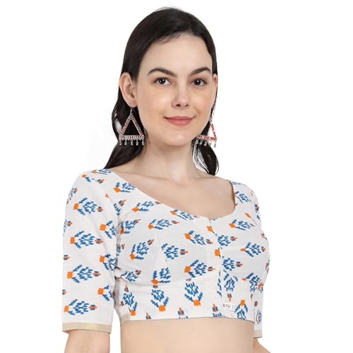 JISB Women's Printed Cotton Elbow Sleeve Kerala Saree Blouse (Blue, 36) - Image 2