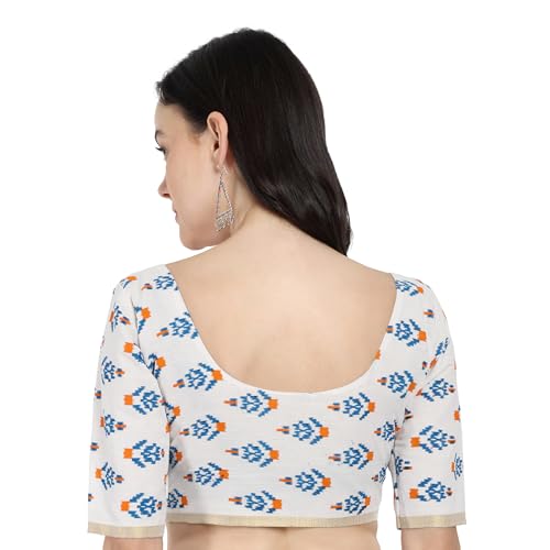JISB Women's Printed Cotton Elbow Sleeve Kerala Saree Blouse (Blue, 36) - Image 3