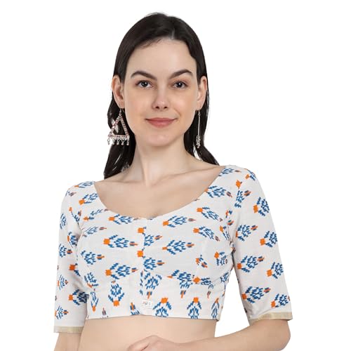 JISB Women's Printed Cotton Elbow Sleeve Kerala Saree Blouse (Blue, 36) - Image 1