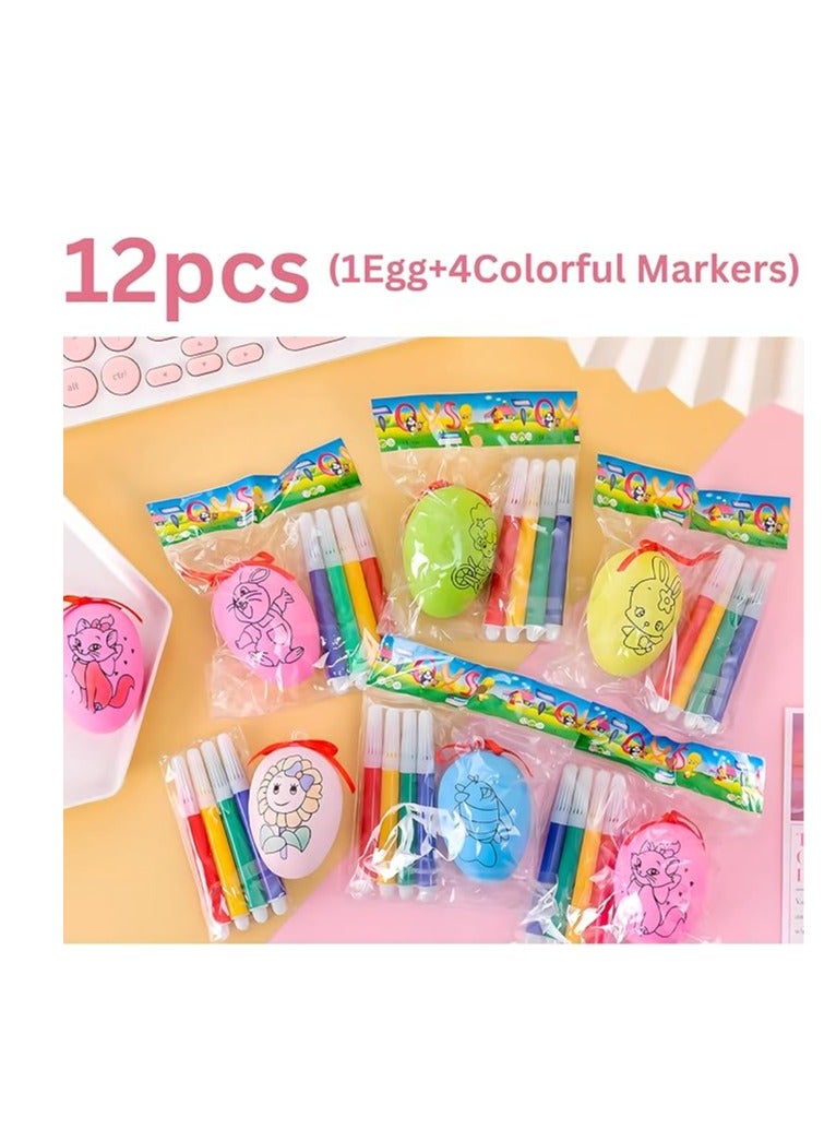 12 Easter Eggs with 48 Color Pens Decorations Kit | DIY Doodling and Decorating Paintable Hanging Fake Eggs - For Girls Boys, pinata Birthday Goodie Bag fillers, Party - Image 2