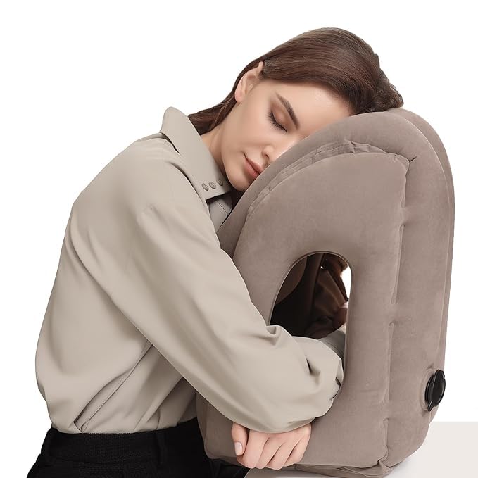 GETZET Inflatable Travel Pillow Neck and Head Support for Long Airplane Flight Sleeping for Cars Buses Trains Office Napping use for Men Women Avoid Neck Shoulder Pain greycolor Pack of 1 - Image 5
