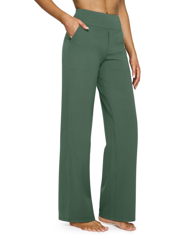 G4Free Pants for Women Fashion Trendy Fall Pants Dress Work Trouser Pants Wide Leg Yoga Leggings with Pockets(Dark Forest Green,L,Regular) - Image 1