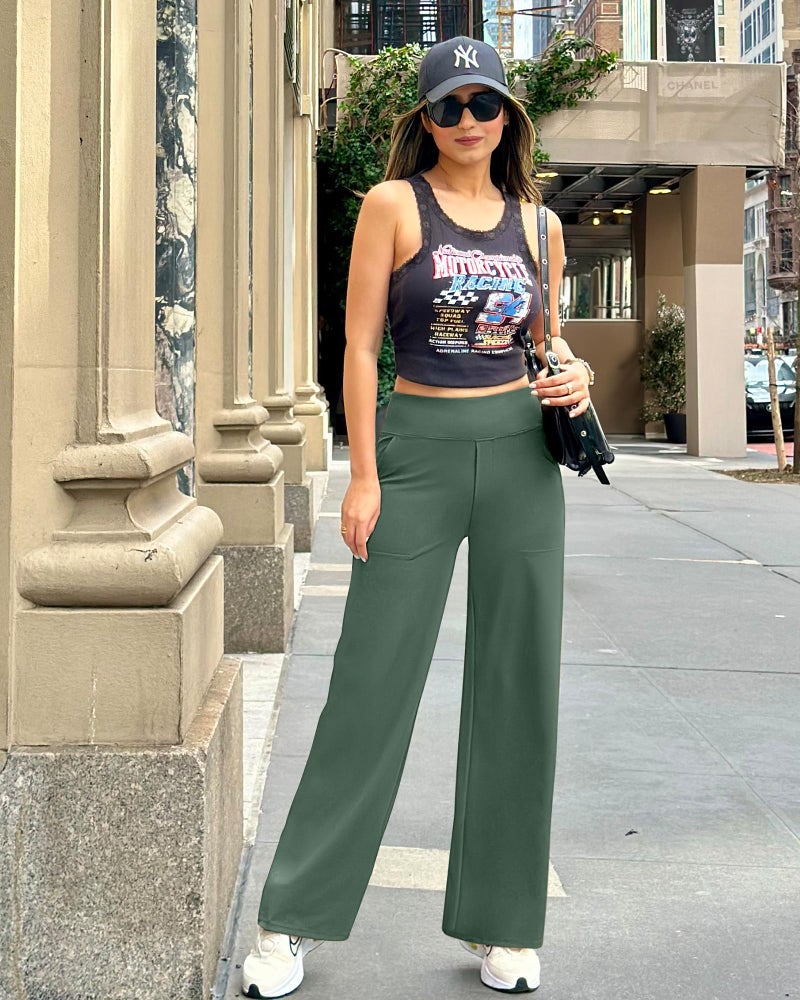 G4Free Pants for Women Fashion Trendy Fall Pants Dress Work Trouser Pants Wide Leg Yoga Leggings with Pockets(Dark Forest Green,L,Regular) - Image 5