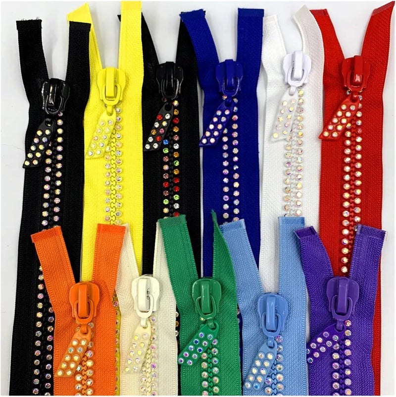 Zippers 2-10pcs 24inch,60cm Dual-Strand Crystal Zippers AB Rhinestone Separating Base Dress Colthes Sewing 10# for Sewing(Green,10pcs) - Image 1