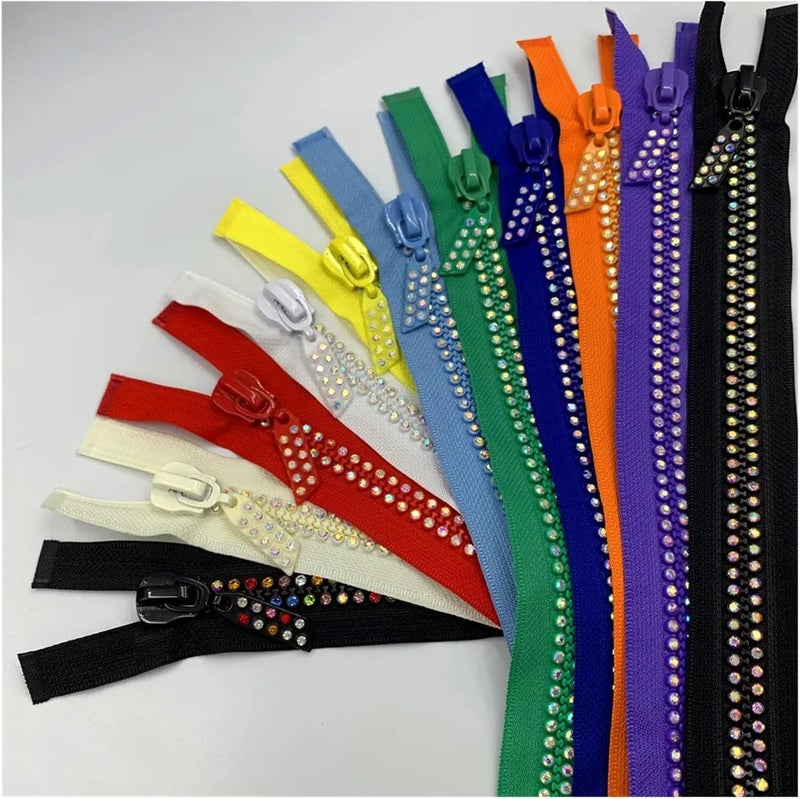 Zippers 2-10pcs 24inch,60cm Dual-Strand Crystal Zippers AB Rhinestone Separating Base Dress Colthes Sewing 10# for Sewing(Green,10pcs) - Image 2