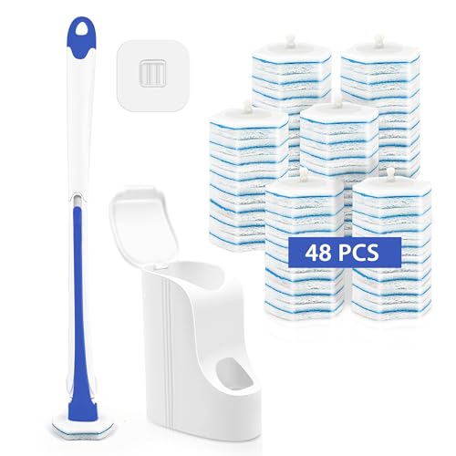 JEHONN Disposable Toilet Brush with 48 Wand Cleaner Refills, Wall Mounted Toilet Bowl Brush Holder Set, Bathroom Cleaning System for Sink Bathtub Wash Basin (Blue) - Image 1
