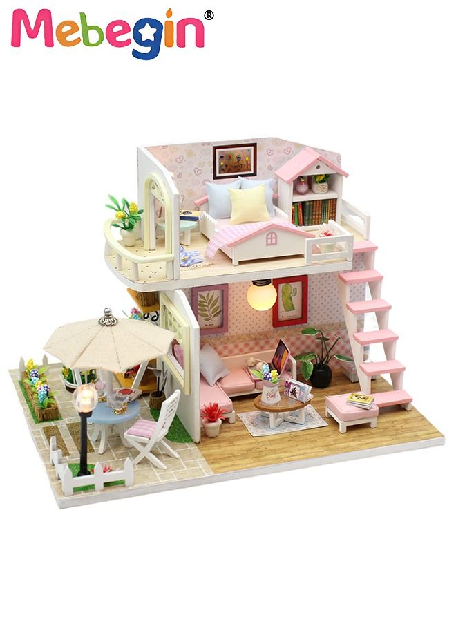 MEBEGIN 2 Layers DIY Miniature Dollhouse Kit Villa model with Garden, 3D Wooden Mini DIY Doll House Accessories with Furniture for Kids Teens Adults Gift Pink - Image 1
