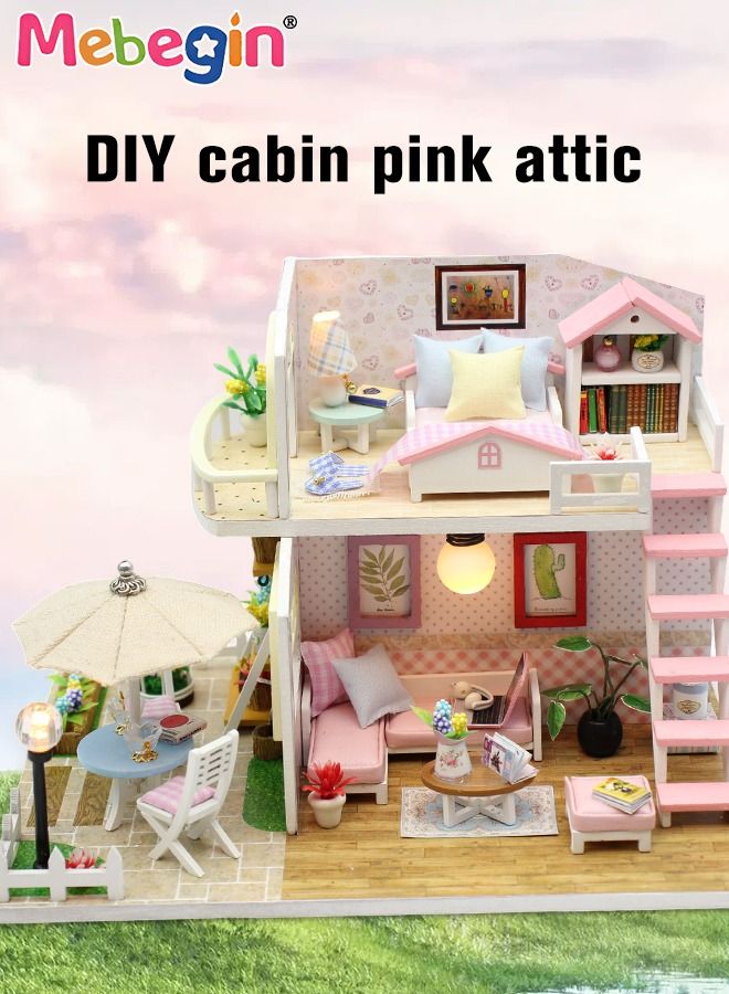 MEBEGIN 2 Layers DIY Miniature Dollhouse Kit Villa model with Garden, 3D Wooden Mini DIY Doll House Accessories with Furniture for Kids Teens Adults Gift Pink - Image 4