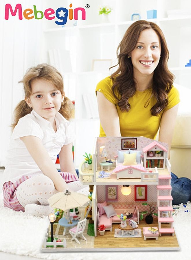 MEBEGIN 2 Layers DIY Miniature Dollhouse Kit Villa model with Garden, 3D Wooden Mini DIY Doll House Accessories with Furniture for Kids Teens Adults Gift Pink - Image 2
