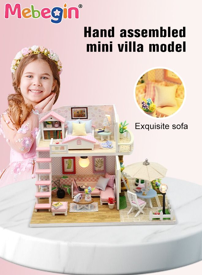 MEBEGIN 2 Layers DIY Miniature Dollhouse Kit Villa model with Garden, 3D Wooden Mini DIY Doll House Accessories with Furniture for Kids Teens Adults Gift Pink - Image 3