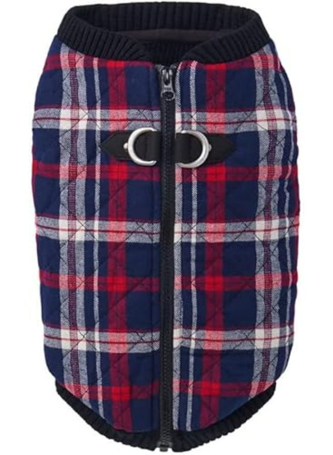 يو أيه أر أو أن إي جاكيت بومبر كبير جدًا بتصميم منقوش للكلاب باللونين الأزرق الداكن والأحمر - تصميم شتوي مبطن بسحاب مع حلقات مزدوجة على شكل حرف D، طول الظهر 48 سم، طول الرقبة 40-41 سم، طول الصدر 54-60 سم - Image 2