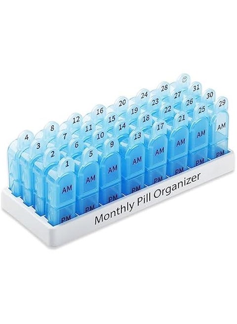 Monthly Pill Organizer 2 Times a Day, 30 Day Pill Box AM PM with Separate Container, One Month Medicine Case Twice a Day to Hold Vitamins, Supplements and Medication (Blue)