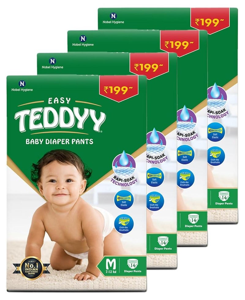Teddyy حفاضات أطفال بنطلون سهلة متوسطة 56 قطعة (عبوة من 4)، 7-12 كجم، حماية من التسرب لمدة 12 ساعة، مضادة للبكتيريا - Image 1