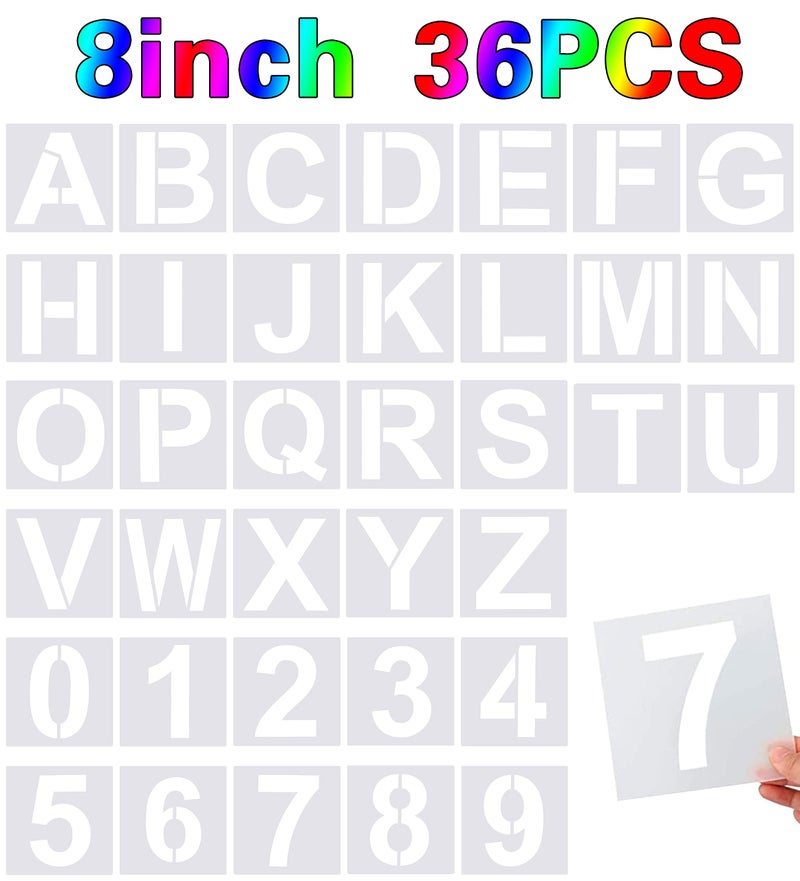 FEBSNOW 36 Pcs Large Alphabet  Number Stencils Reusable Letter Stencils for Painting on Wood Wall Fabric Rock Chalkboard Glass 8 Inches 
