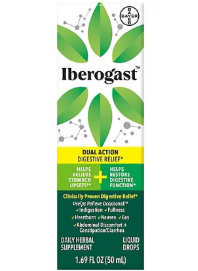 Iberogast قطرات سائلة، تخفيف عشبي لاضطرابات المعدة: عسر الهضم العرضي، الانتفاخ، الغازات، الغثيان، اضطراب المعدة؛ خالي من الغلوتين؛ مزيج من 6 أعشاب مع إيبيريس أمارا، نعناع، عرقسوس؛ 50 مل - Image 1