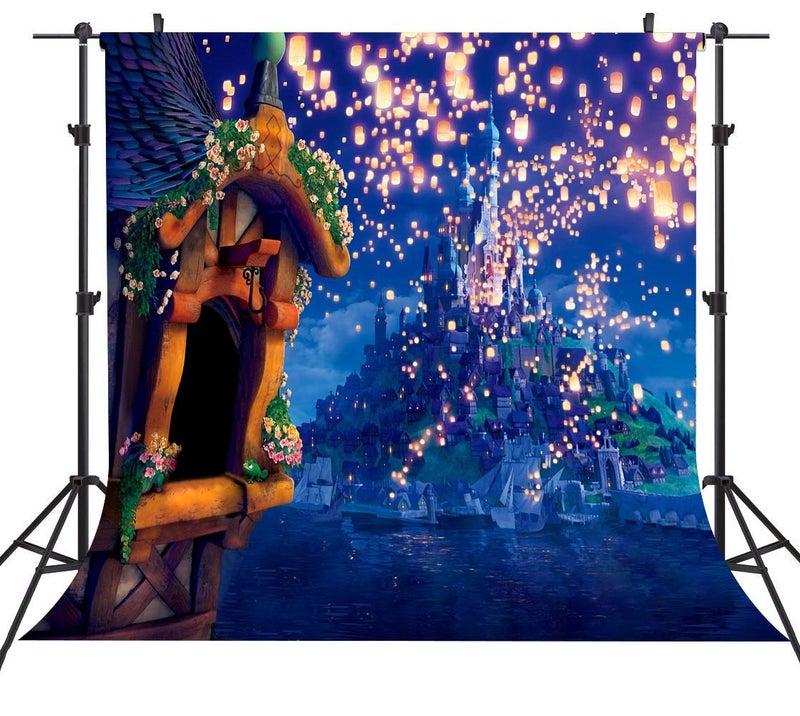 SSCSTS 6x6ft Fairytale Castle Backdrops High Tower Long Hair Princess Night Bright Lantern Glitter Light Island Castle Girl Birthday Shower Photography Background YouTube Photo Studio Prop LYST942 - Image 1