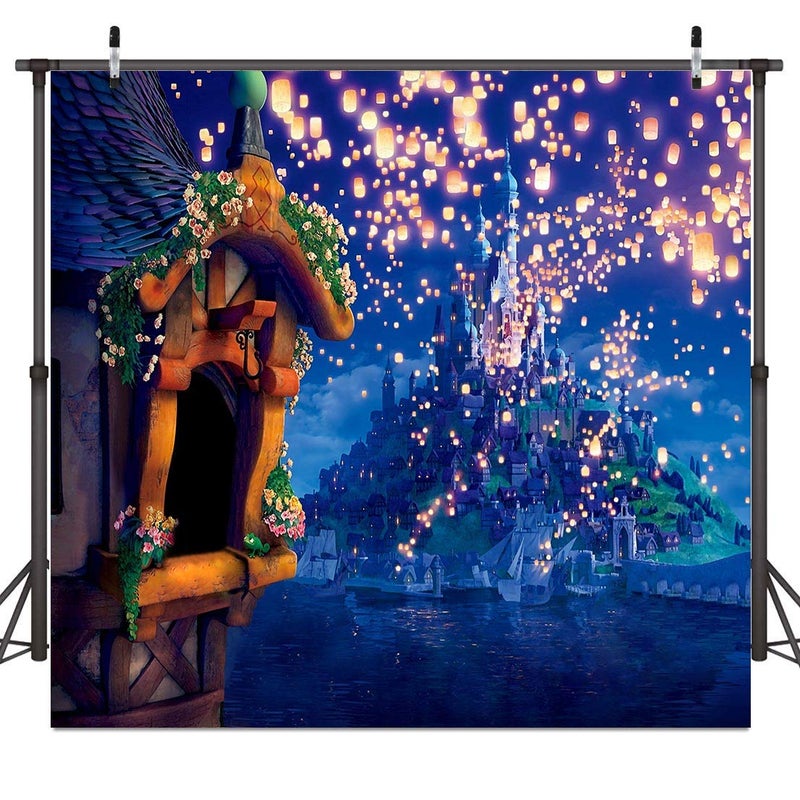 SSCSTS 6x6ft Fairytale Castle Backdrops High Tower Long Hair Princess Night Bright Lantern Glitter Light Island Castle Girl Birthday Shower Photography Background YouTube Photo Studio Prop LYST942 - Image 5