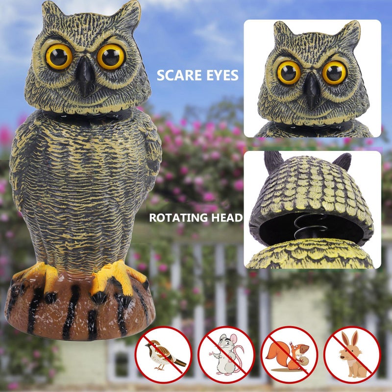 Hausse 2 Pack Bird Scarecrow Fake Owl Decoy Sculpture, 10.6 Inch Height Golden Rotating Head Plastic Owl Bird Deterrents, Nature Enemy Horned Pest Repellent for Outdoor Garden Yard - Image 2