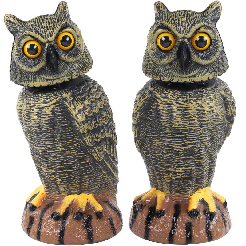 Hausse 2 Pack Bird Scarecrow Fake Owl Decoy Sculpture, 10.6 Inch Height Golden Rotating Head Plastic Owl Bird Deterrents, Nature Enemy Horned Pest Repellent for Outdoor Garden Yard - Image 1