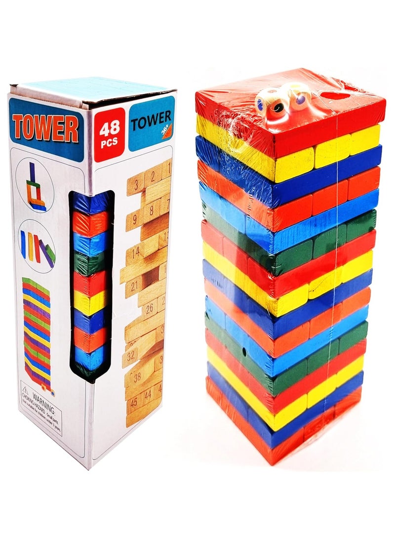Rainbow Wooden Stacking Tumbling Tower Dice, be used as Building Blocks or Tumbling Dominoes, Promotes Fine Motor Skills and Patience, Educational Family Fun Games, 48 Pieces- 27 x 8 cm - Image 2
