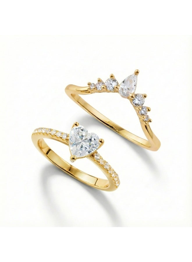 LAVEEN JEWELLERY Heart Solitaire & Pavé Accent Ring Set – 925 Sterling Silver, 18K Gold Plated, Cubic Zirconia, Stackable Luxury Rings for Women with Jewelry Box - Image 1