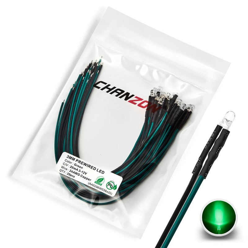 CHANZON 20 pcs Pre-Wired 3mm Green LED Diode Lights (Clear Round Transparent Lens DC 12V) with 560 ohms 1/4W Resistor and 24awg Wire Indicator Light Emitting Diodes Lighting Bulb Lamp - Image 1