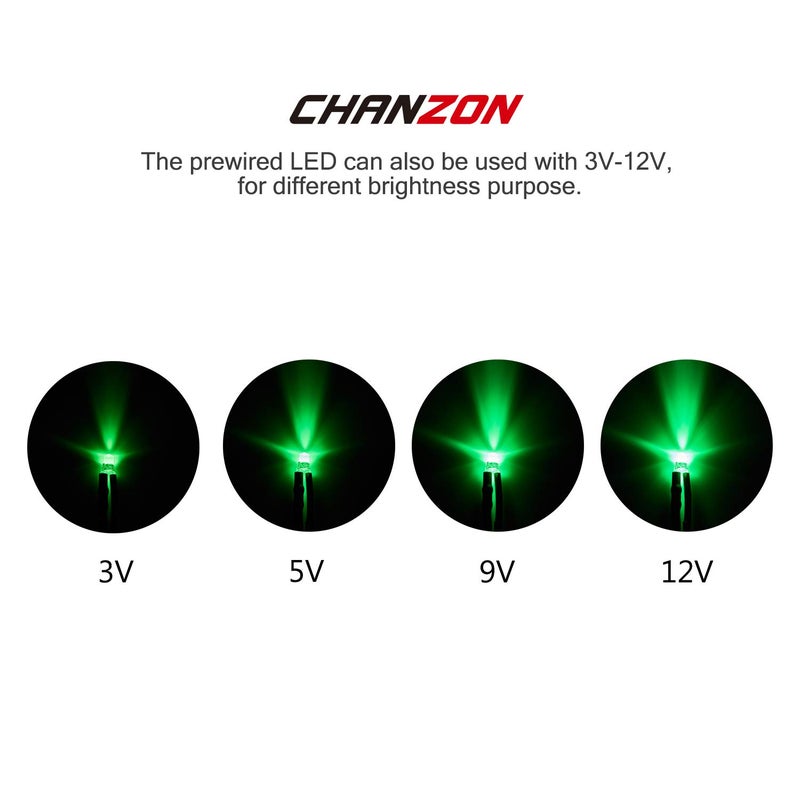 CHANZON 20 pcs Pre-Wired 3mm Green LED Diode Lights (Clear Round Transparent Lens DC 12V) with 560 ohms 1/4W Resistor and 24awg Wire Indicator Light Emitting Diodes Lighting Bulb Lamp - Image 4