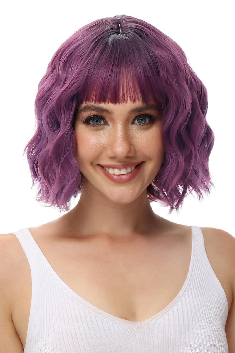 Rose bud Wavy Bob Wig with Bangs Natural Ombre Purple Wig Synthetic Hair Shoulder Length Short Curly Wigs for Women