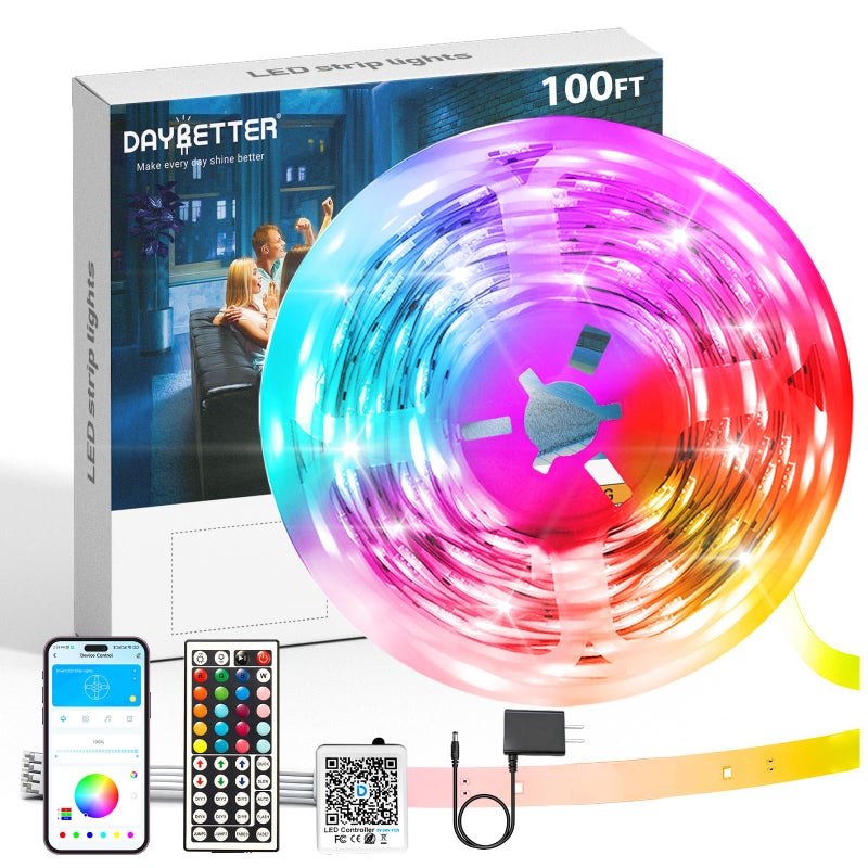 DAYBETTER Led Lights for Bedroom 100 ft Led Strip Lights Led Light Strips with Remote and App Control Music Sync RGB Color Changing Led Lights for Room Decoration
