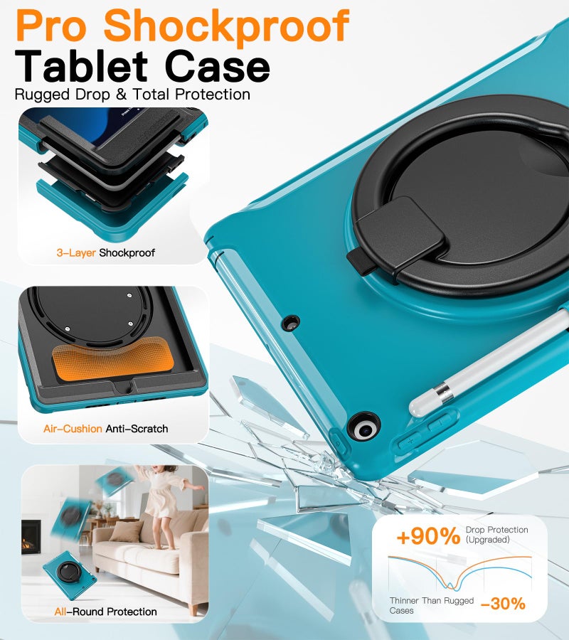 BATYUE Shockproof Case for iPad 7th/8th/9th Gen 2019/2020/2021 | 360° Multi-Angle Stand (Portrait & Landscape) & Grip, Built-in Screen Protector, Pencil Holder, Lake Blue - Image 3