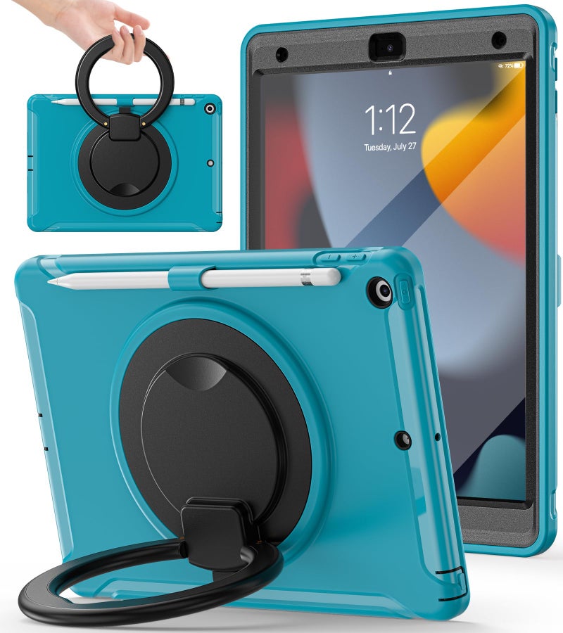 BATYUE Shockproof Case for iPad 7th/8th/9th Gen 2019/2020/2021 | 360° Multi-Angle Stand (Portrait & Landscape) & Grip, Built-in Screen Protector, Pencil Holder, Lake Blue - Image 1