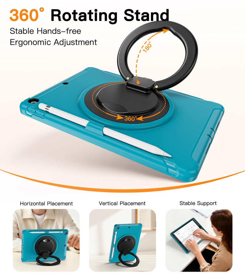 BATYUE Shockproof Case for iPad 7th/8th/9th Gen 2019/2020/2021 | 360° Multi-Angle Stand (Portrait & Landscape) & Grip, Built-in Screen Protector, Pencil Holder, Lake Blue - Image 4