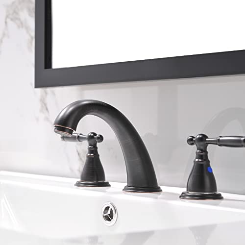 Phiestina 8 Inch 3 Hole Oil Rubbed Bronze Widespread Bathroom Faucet,Lavatory 2 Handles Vanity Sink Faucet with Copper Pop Up Drain, WF008-4-ORB - Image 2