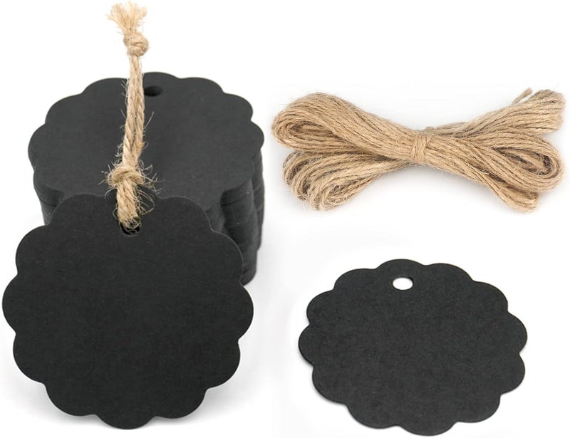 g2plus Black Paper Gift Tags - 100PCS Craft Scalloped Gift Tags with String, Blank Hang Tags Price Tags for Halloween Wrapping, DIY Arts and Crafts, Party Favors - Image 1