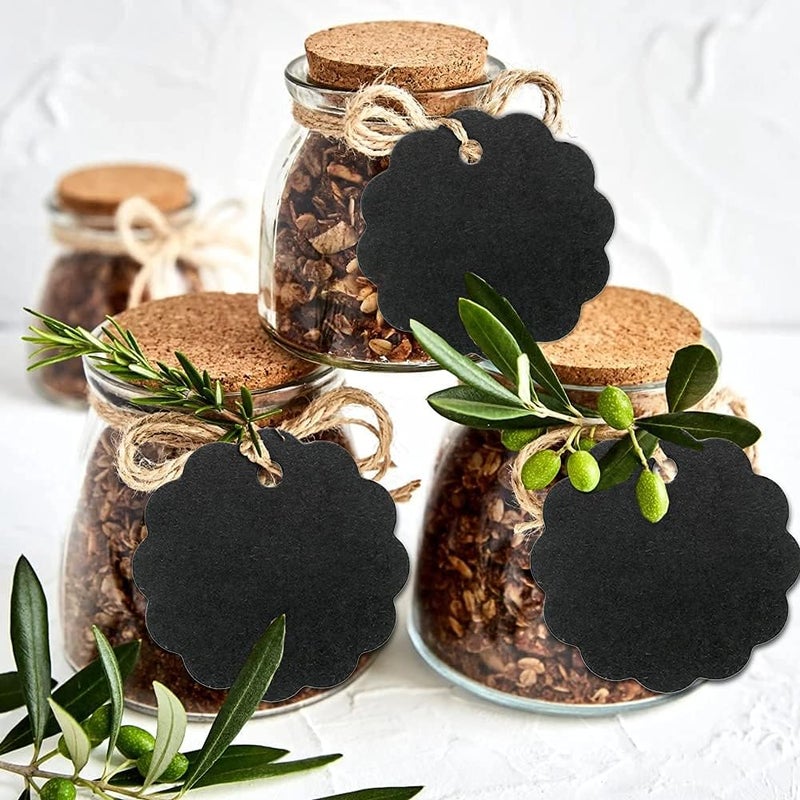 g2plus Black Paper Gift Tags - 100PCS Craft Scalloped Gift Tags with String, Blank Hang Tags Price Tags for Halloween Wrapping, DIY Arts and Crafts, Party Favors - Image 3