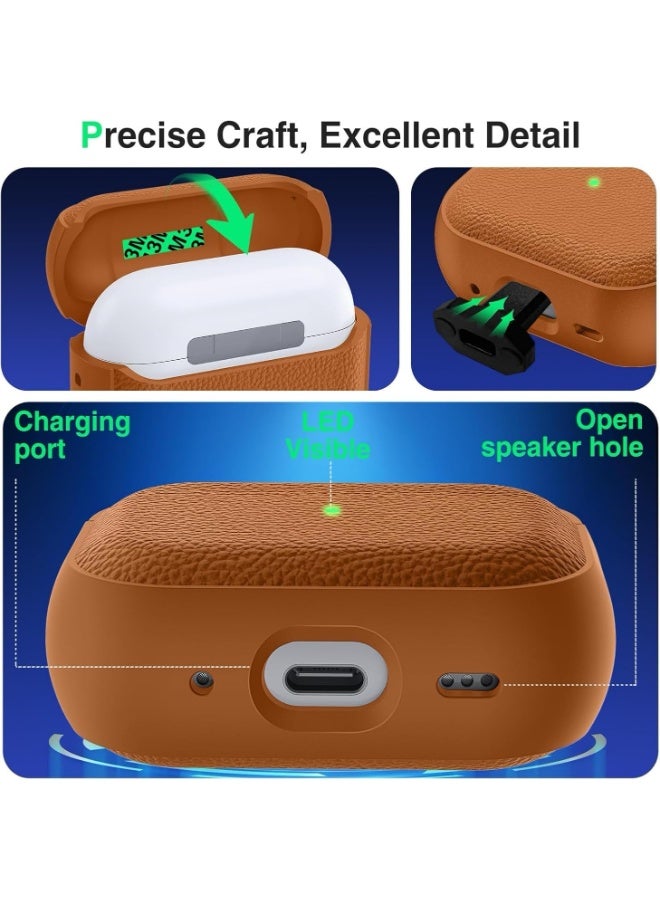 for AirPods Pro 3 Case, Drop Protection Cover with Keychain, Litchi faux leather, Shock-Proof Protective TPU Case (Orange) - Image 2