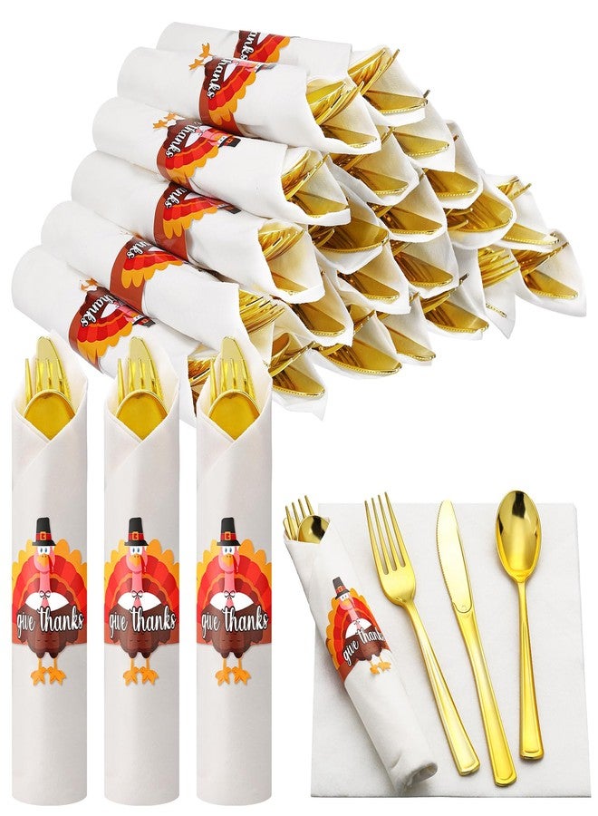 Meanplan 24 Pack Pre Rolled Thanksgiving Turkey Cutlery Pre Rolled Gold Plastic Silverware Set Thanksgiving Disposable Wrapped Cutlery Set with Knives Forks Spoons Napkins for Fall Party Friendsgiving - Image 1
