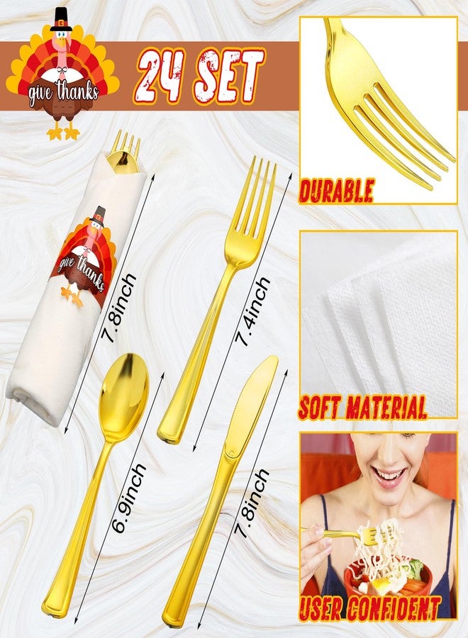 Meanplan 24 Pack Pre Rolled Thanksgiving Turkey Cutlery Pre Rolled Gold Plastic Silverware Set Thanksgiving Disposable Wrapped Cutlery Set with Knives Forks Spoons Napkins for Fall Party Friendsgiving - Image 3