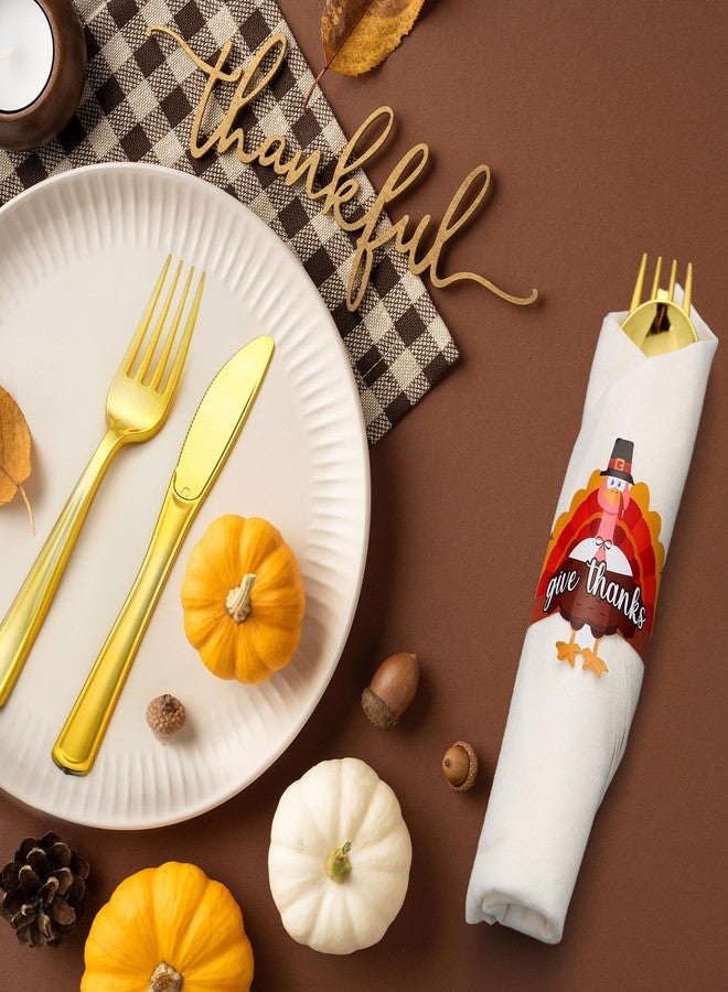 Meanplan 24 Pack Pre Rolled Thanksgiving Turkey Cutlery Pre Rolled Gold Plastic Silverware Set Thanksgiving Disposable Wrapped Cutlery Set with Knives Forks Spoons Napkins for Fall Party Friendsgiving - Image 5